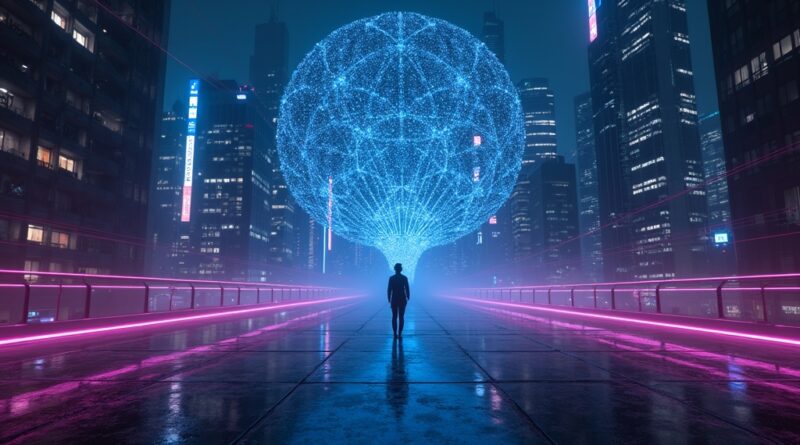 Cyberpunkowe miasto z neonowymi liniami danych i siecią neuronową w wirtualnym otoczeniu.