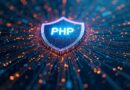 Sieć neuronowa AI tkająca cyfrowy gobelin kodu z ochronnym wzorem luk w PHP.