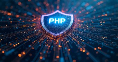 Sieć neuronowa AI tkająca cyfrowy gobelin kodu z ochronnym wzorem luk w PHP.
