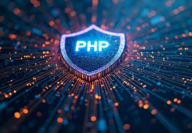 Sieć neuronowa AI tkająca cyfrowy gobelin kodu z ochronnym wzorem luk w PHP.