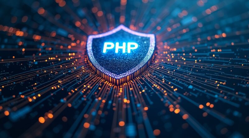 Sieć neuronowa AI tkająca cyfrowy gobelin kodu z ochronnym wzorem luk w PHP.