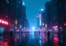 Nocne cyberpunkowe miasto z przepływającymi strumieniami danych i odbijającymi neonami.