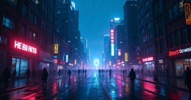 Nocne cyberpunkowe miasto z przepływającymi strumieniami danych i odbijającymi neonami.