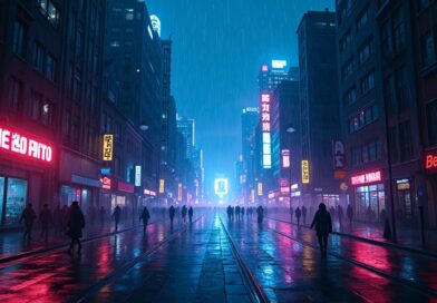 Nocne cyberpunkowe miasto z przepływającymi strumieniami danych i odbijającymi neonami.