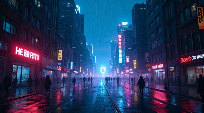 Nocne cyberpunkowe miasto z przepływającymi strumieniami danych i odbijającymi neonami.