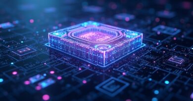 Futurystyczny klaster GPU dynamicznie przekazuje zasoby, optymalizując trening modeli AI.