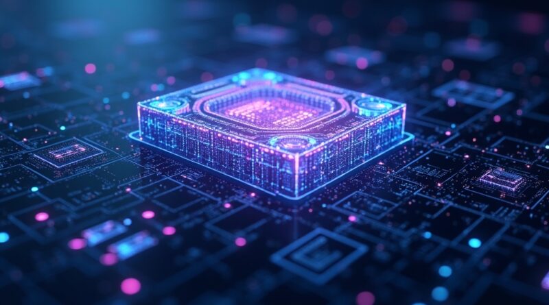 Futurystyczny klaster GPU dynamicznie przekazuje zasoby, optymalizując trening modeli AI.