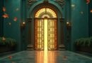 Art deco brass gate closing over luminous data stream, drifting RSS icons, teal and gold chiaroscuro.