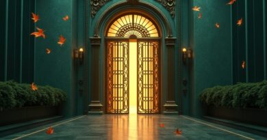 Art deco brass gate closing over luminous data stream, drifting RSS icons, teal and gold chiaroscuro.