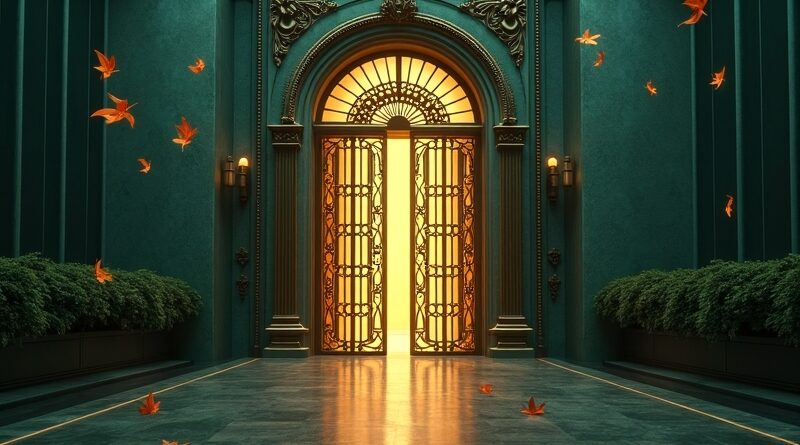 Art deco brass gate closing over luminous data stream, drifting RSS icons, teal and gold chiaroscuro.