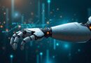 Wyrafinowane ramię robota steruje strumieniami danych pamięci w futurystycznej, chłodnej palecie.