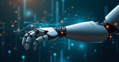 Wyrafinowane ramię robota steruje strumieniami danych pamięci w futurystycznej, chłodnej palecie.