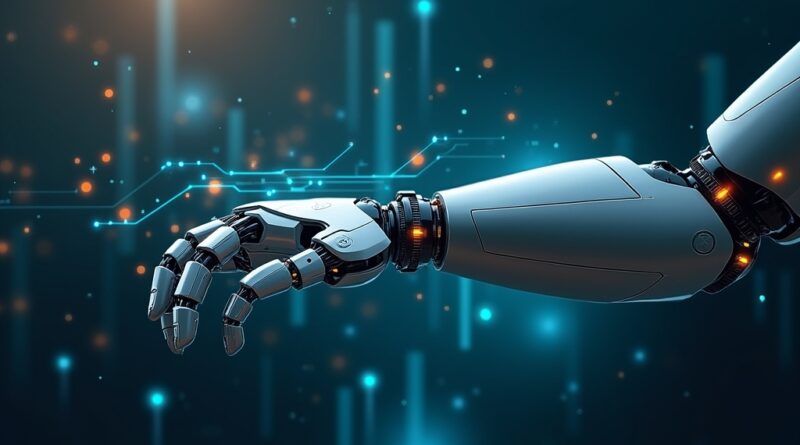 Wyrafinowane ramię robota steruje strumieniami danych pamięci w futurystycznej, chłodnej palecie.