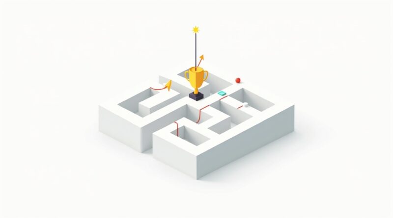 Minimalistyczna kompozycja geometryczna: labirynt symbolizujący AI, strzałki, trofeum.