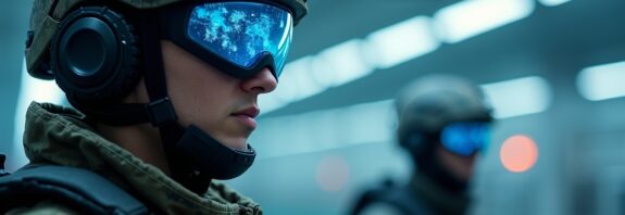 Żołnierz w futurystycznych okularach otrzymuje holograficzne dane, w tle drony i roboty AI.