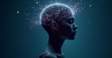 Futurystyczna czapka EEG przekształca myśli w tekst, symbolizując postęp technologiczny.
