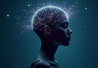 Futurystyczna czapka EEG przekształca myśli w tekst, symbolizując postęp technologiczny.