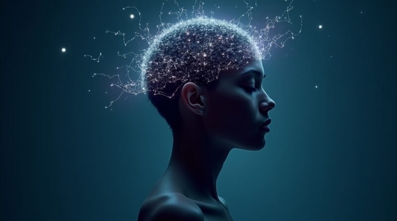 Futurystyczna czapka EEG przekształca myśli w tekst, symbolizując postęp technologiczny.