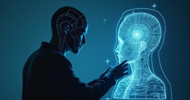 Agent AI ulepsza swój plan, symbolizując rozwój poza pamięciowe uczenie.