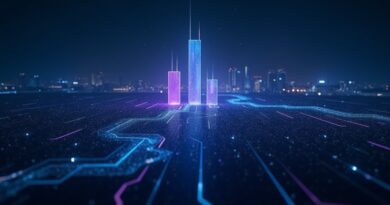 Abstrakcyjna wizualizacja rozwoju AI na tle nocnego Dubaju, w głębokich barwach.