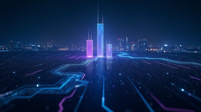 Abstrakcyjna wizualizacja rozwoju AI na tle nocnego Dubaju, w głębokich barwach.