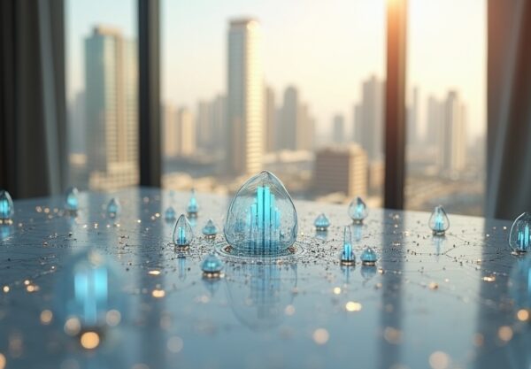 Geometria symbolizująca łączność, z subtelnym zarysem Dubaju, w eleganckiej palecie barw.