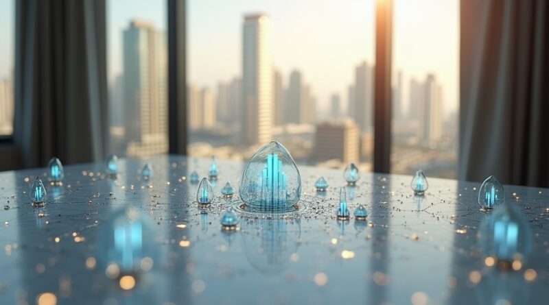 Geometria symbolizująca łączność, z subtelnym zarysem Dubaju, w eleganckiej palecie barw.