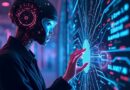 Stylizowany agent AI w postaci świecących obwodów analizujący złożone strumienie danych w ciemnych barwach.