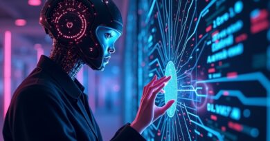 Stylizowany agent AI w postaci świecących obwodów analizujący złożone strumienie danych w ciemnych barwach.