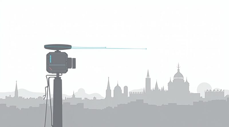 Czarno-biała grafika przedstawia wieżyczkę AI nad Kijowem z niebieskimi akcentami.