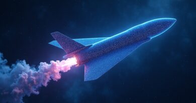 Połączenie sieci neuronowych i rakiet SpaceX na kosmicznym tle, w kolorach elektrycznego błękitu i purpury.