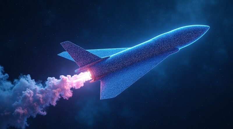 Połączenie sieci neuronowych i rakiet SpaceX na kosmicznym tle, w kolorach elektrycznego błękitu i purpury.