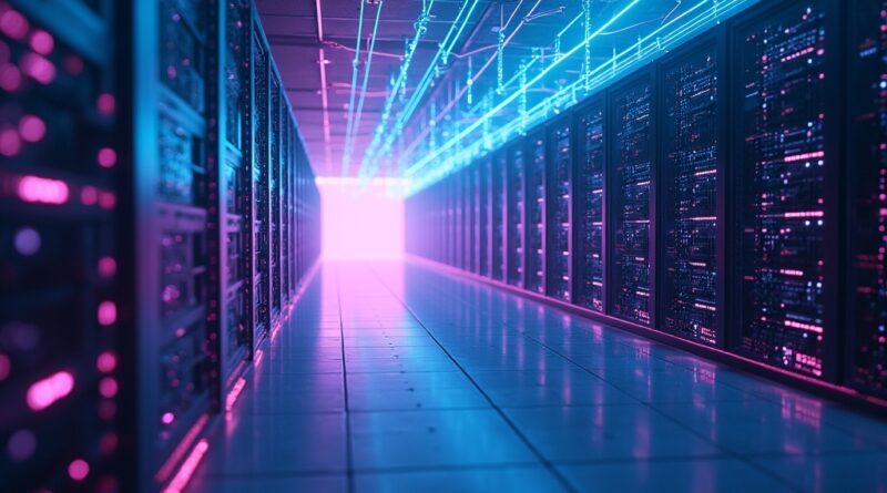 Eteryczne strumienie danych wpływają do futurystycznej serwerowni, symbolizując rosnące zapotrzebowanie energetyczne AI.
