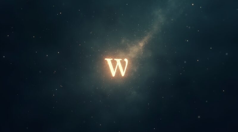 Podświetlone logo Wikipedii w kosmicznej pustce, otoczone strumieniami danych.