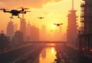 Futurystyczne miasto przemysłowe, roboty AI i drony pracują nad zaawansowaną produkcją.