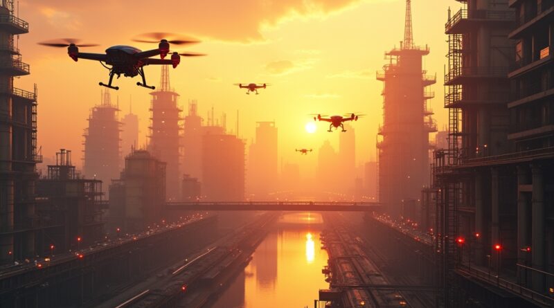 Futurystyczne miasto przemysłowe, roboty AI i drony pracują nad zaawansowaną produkcją.