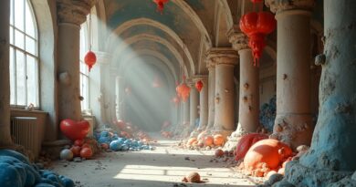 Surrealistyczne, futurystyczne centrum danych z kaskadami świecących danych w odcieniach niebieskiego, fioletu i złota.