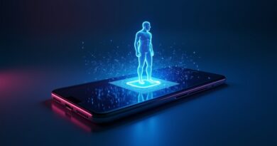 Futurystyczny smartfon ze świecącym agentem AI, emanującym światłem w minimalistycznym, niebiesko-fioletowym designie.