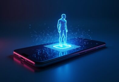 Futurystyczny smartfon ze świecącym agentem AI, emanującym światłem w minimalistycznym, niebiesko-fioletowym designie.