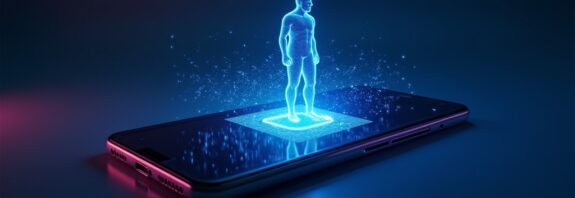Futurystyczny smartfon ze świecącym agentem AI, emanującym światłem w minimalistycznym, niebiesko-fioletowym designie.