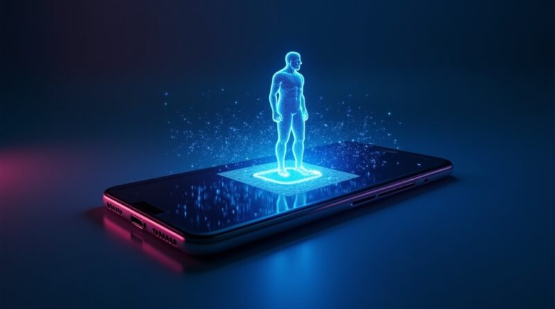 Futurystyczny smartfon ze świecącym agentem AI, emanującym światłem w minimalistycznym, niebiesko-fioletowym designie.