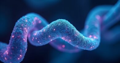 Bioluminescencyjne wstęgi białek w cyjanie i fiolecie, subtelny geometryczny watermark, ciemne tło laboratorium.