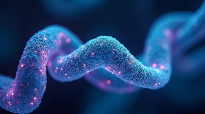 Bioluminescencyjne wstęgi białek w cyjanie i fiolecie, subtelny geometryczny watermark, ciemne tło laboratorium.