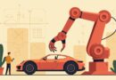 Stylizowany robotyczny ramię składa część samochodu, zapowiadając przyszłość zautomatyzowanej produkcji Toyoty.