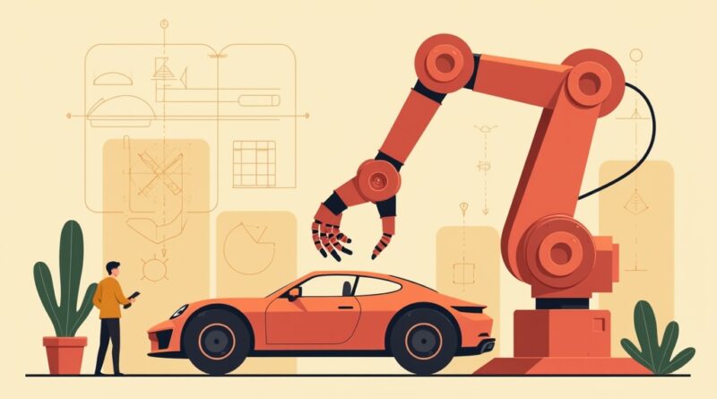 Stylizowany robotyczny ramię składa część samochodu, zapowiadając przyszłość zautomatyzowanej produkcji Toyoty.