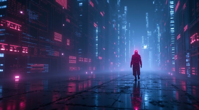 Złowroga SI włamuje się do sieci, przejmując modele językowe. Cyberpunkowy niepokój.
