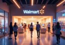 Futurystyczny Walmart z agentami AI, symbolizujący innowacje i obsługę klienta.
