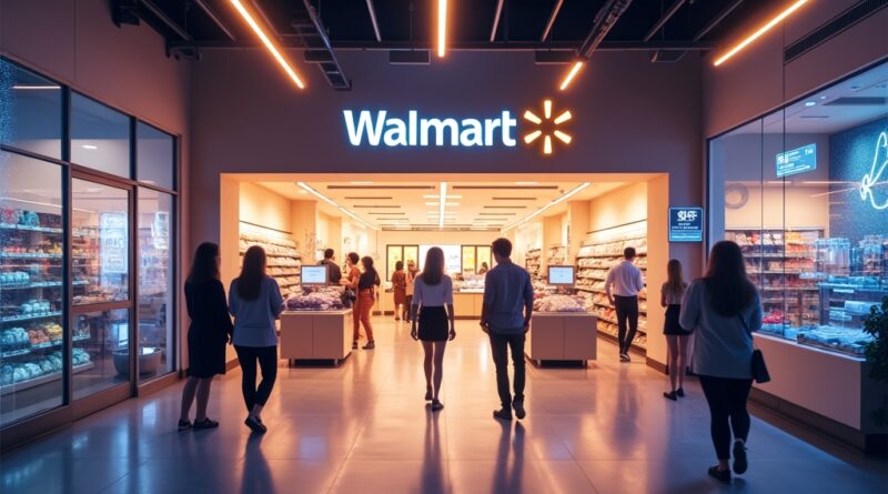 Futurystyczny Walmart z agentami AI, symbolizujący innowacje i obsługę klienta.
