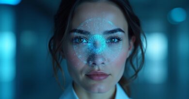 Skan tęczówki i selfie połączone w futurystycznej, cyfrowej grafice weryfikacji biometrycznej.