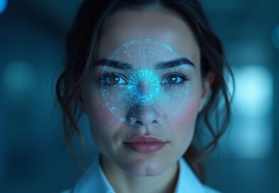 Skan tęczówki i selfie połączone w futurystycznej, cyfrowej grafice weryfikacji biometrycznej.